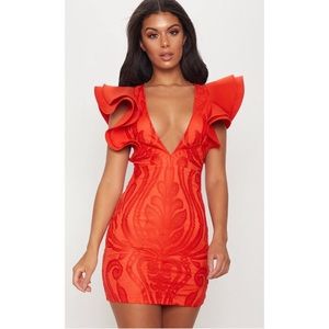 Red ruffle plunge dress